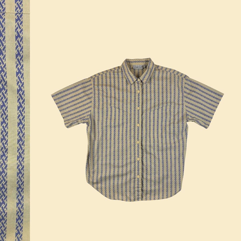 1980s striped blouse, size 20 beige & blue vintage Venezia womens button down